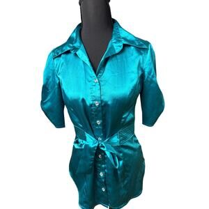 Vintage Y2K A. Byer Satin Teal Turquoise Sm Top Diamond Buttons 2000s 90s Club